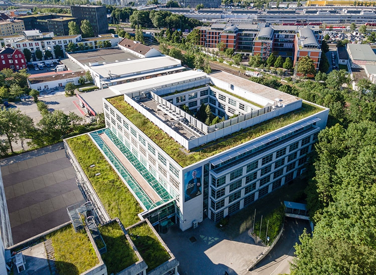 Drone shot of the Rodenstock building in Munich