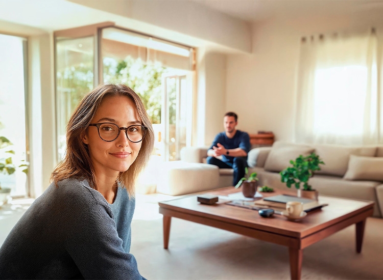 Woman with eyeglass lenses in living room