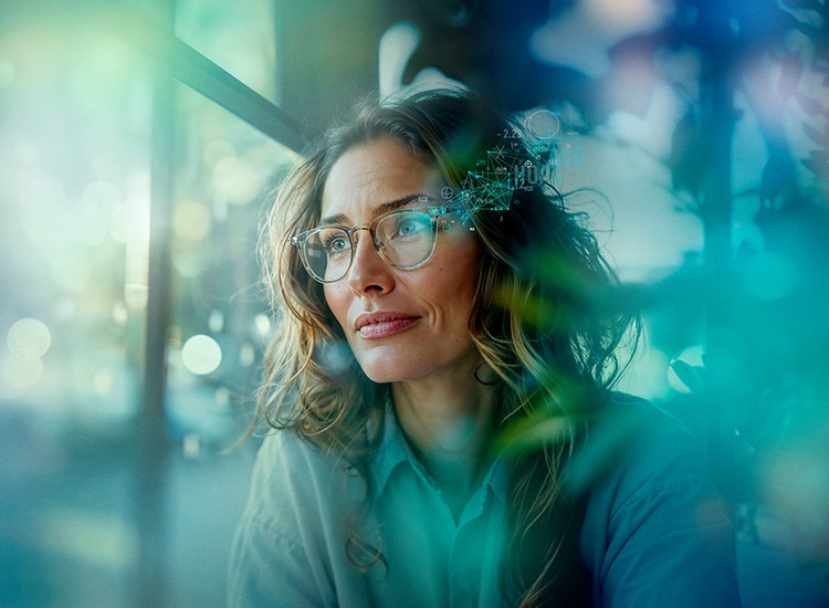 woman with biometric lenses looking out of a window